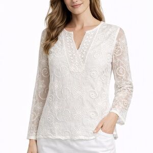 Women’s L Cute Options Off White Lace Delicate Embroidery Sheer Top Cute Options